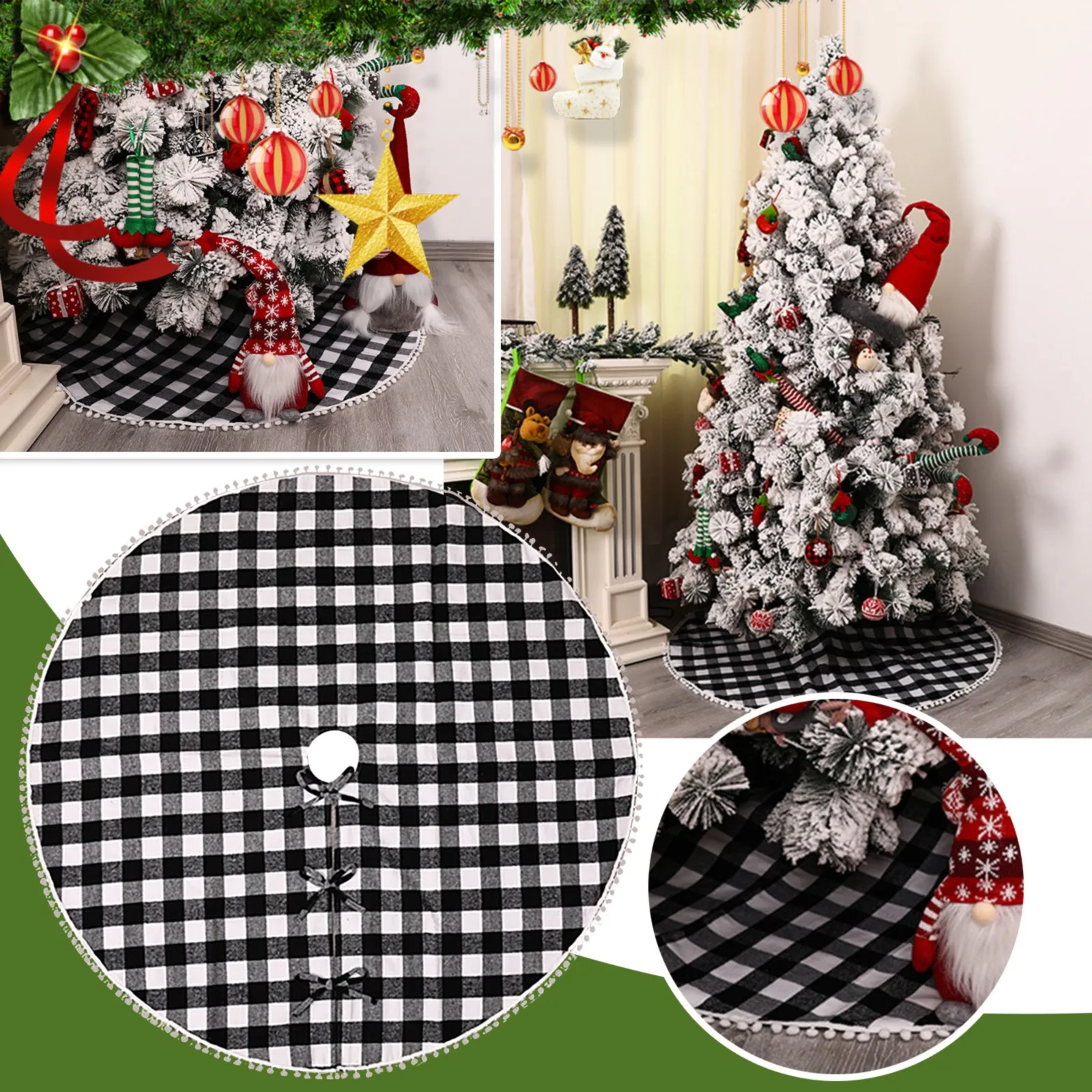 

Christmas Decoration 122CM Black Grid h Ball White Edge Tree Skirt Christmas Tree Bottom Apron Decoration Supplies