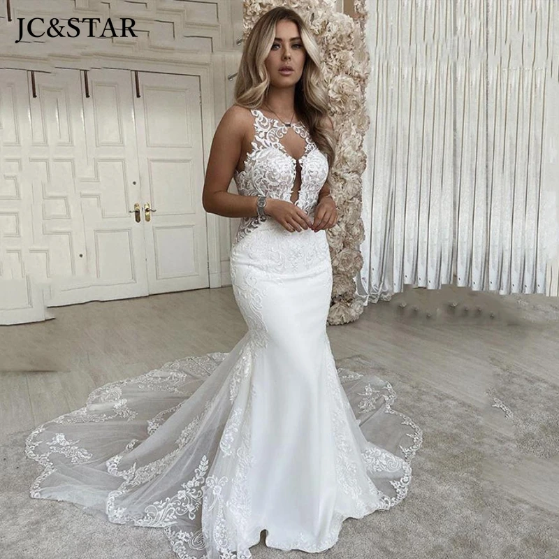 

robe de mariee sirene new lace satin Scoop neck Backless robe boheme femme chic mariage Court Train caftan mariage bridal gown