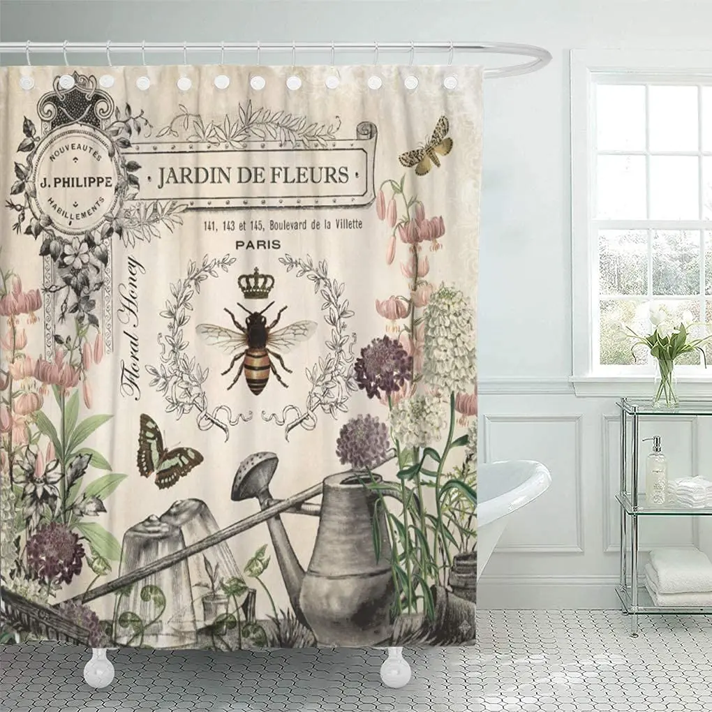 

Shower Curtain Modern French Bee Garden Vintage Queen Floral Watering Can Home Decor Waterproof Bath Bathroom Curtains Set Hooks