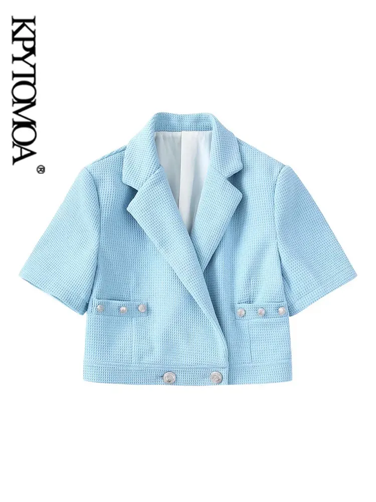 

KPYTOMOA Women Fashion With Buttons Textured Cropped Jacket Coat Vintage Lapel Collar Short Sleeve Female Outerwear Chic Tops