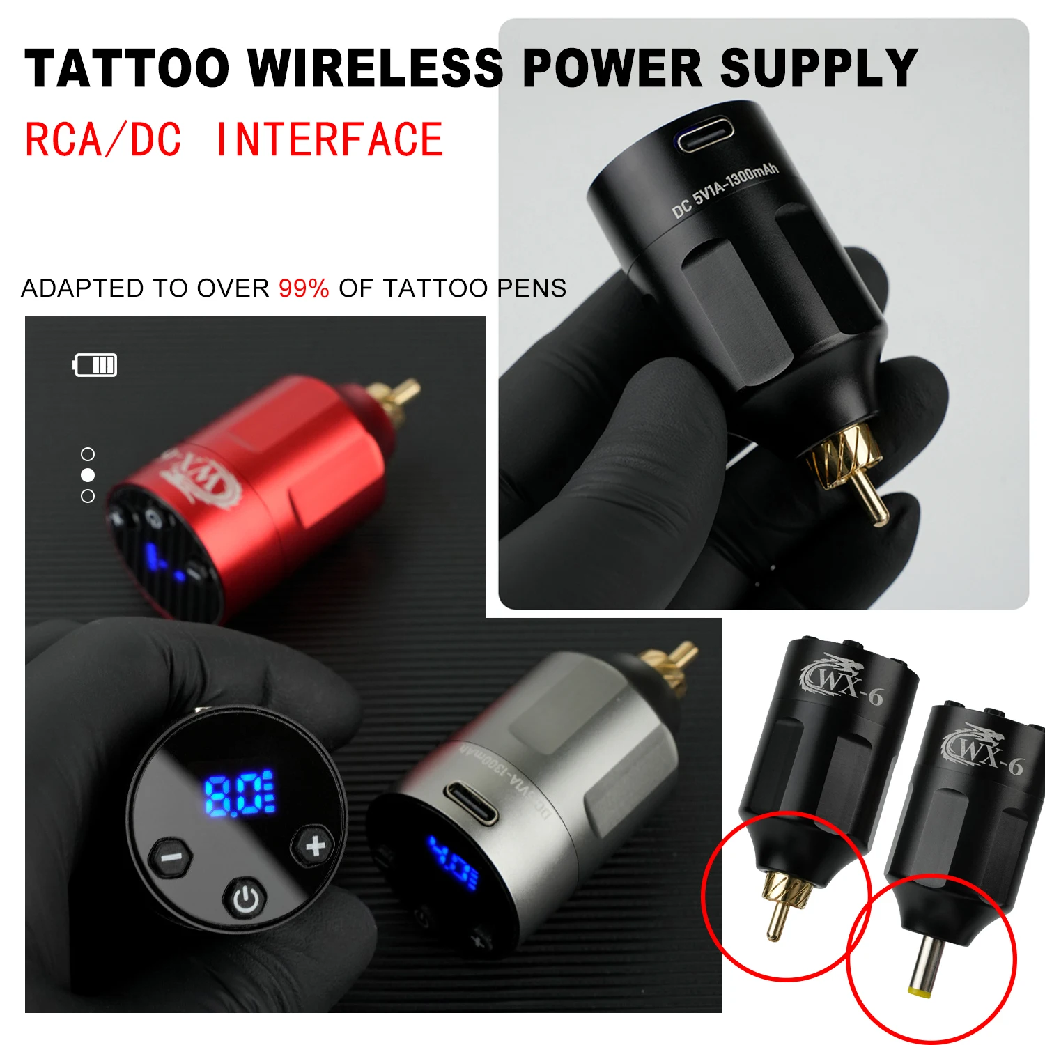 Портативный беспроводной блок питания Mini Tattoo перезаряжаемый адаптер RCA/DC для