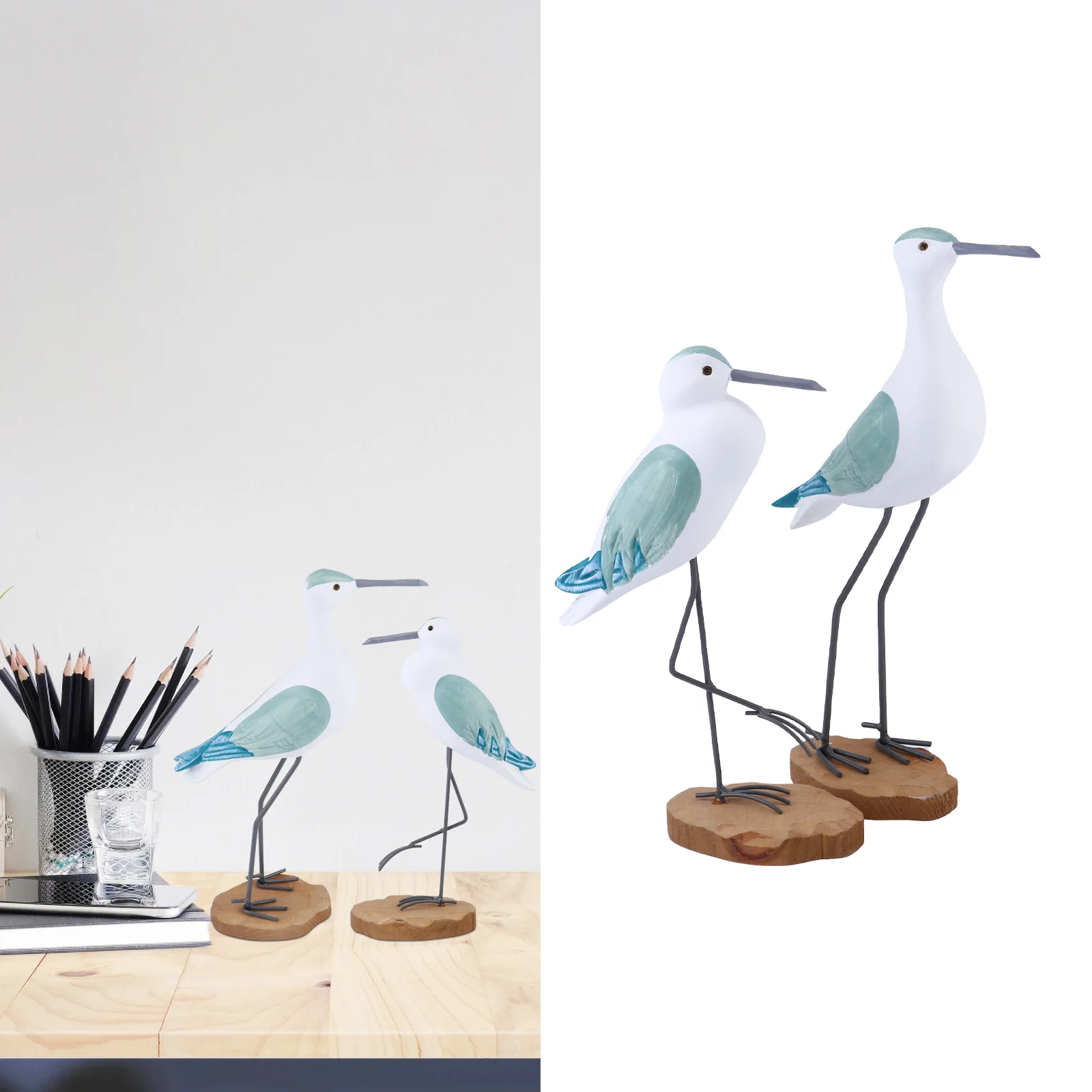 

2pcs Wooden Figurine Nautical Desktop Ornaments Rustic Bird Sculpture Mediterranean Coastal Beach Home Holiday Gifts