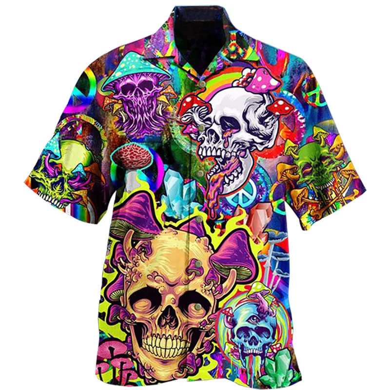 

Summer Hawaiian Shirts For Men 3d Skulls Mushroom Graphics Colorful Gothic Hip Hop Male Female Vintage Clothing Oversized Tops