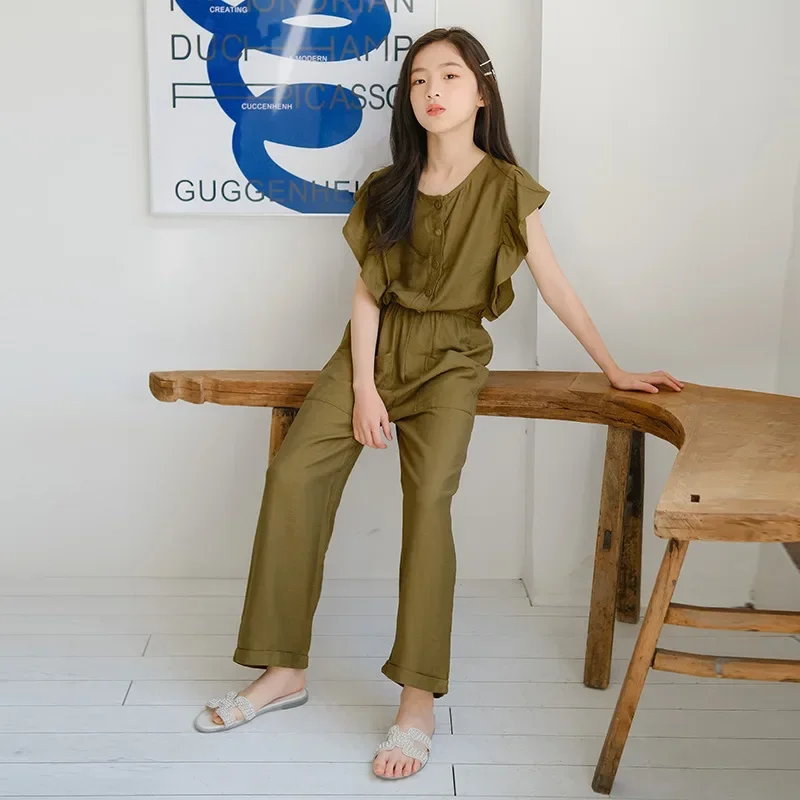 Комбинезон для девочек лето 2023 свободная детская одежда с рукавами оборками