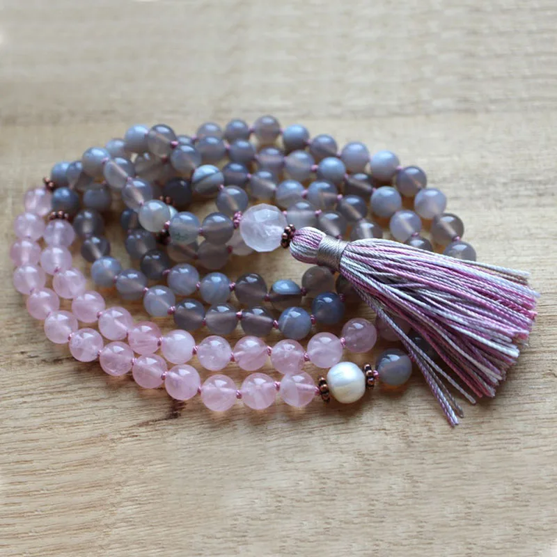 8 мм розовый Q-uartz серый A-gate Mala 108 медитационные бусины ожерелья для женщин