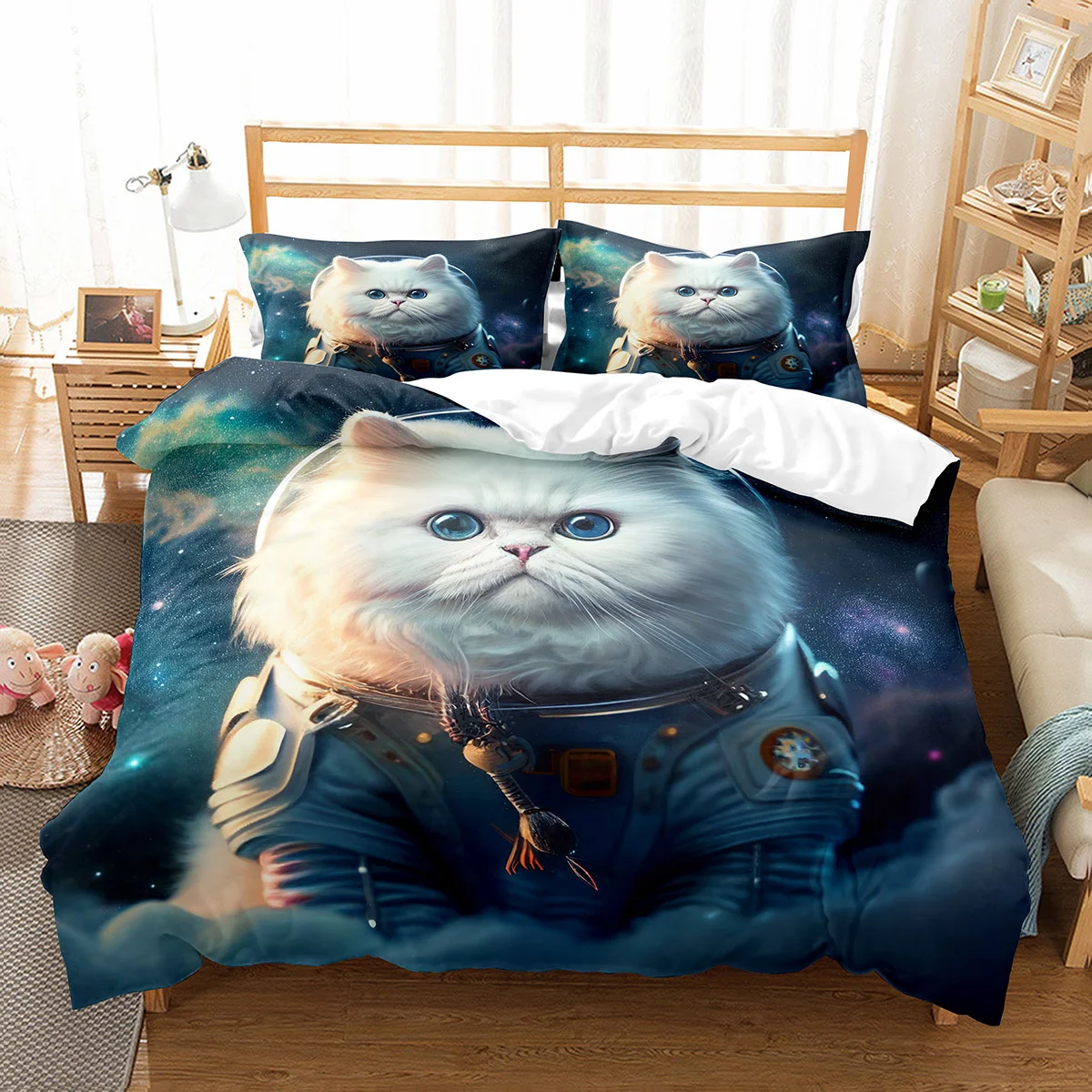 Space Cat King Queen Duvet Cover Cute Astronaut Kitty Bedding Set Universe Pet Animal Dog Quilt Cover Polyester Comforter Cover