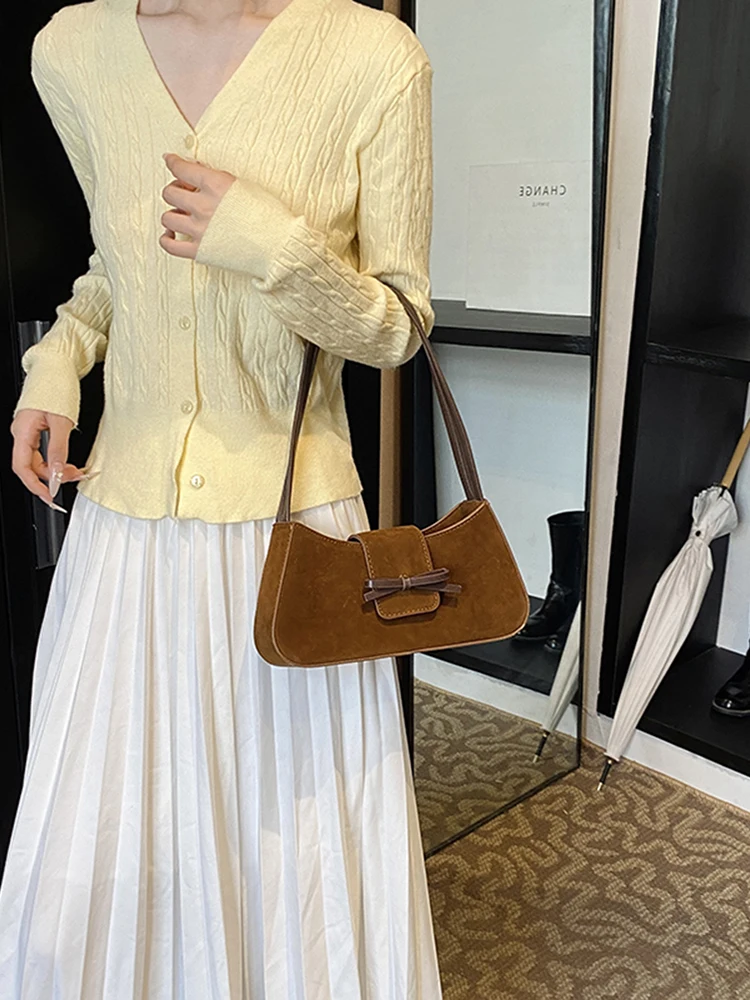 Женская сумка через плечо с застежкой-молнией и бантом замшевая модная