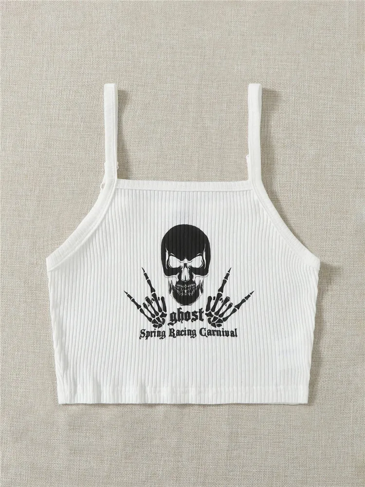 Женский укороченный топ в готическом стиле готический рубчик с принтом черепа и