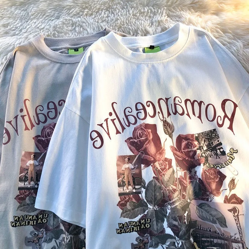 

90s Vintage Rose Floral Elegant Graphic T Shirts O-neck Short Sleeve Khaki Tops 2022 Summer Large 2XL Tee Korean Fashion Hip Hop