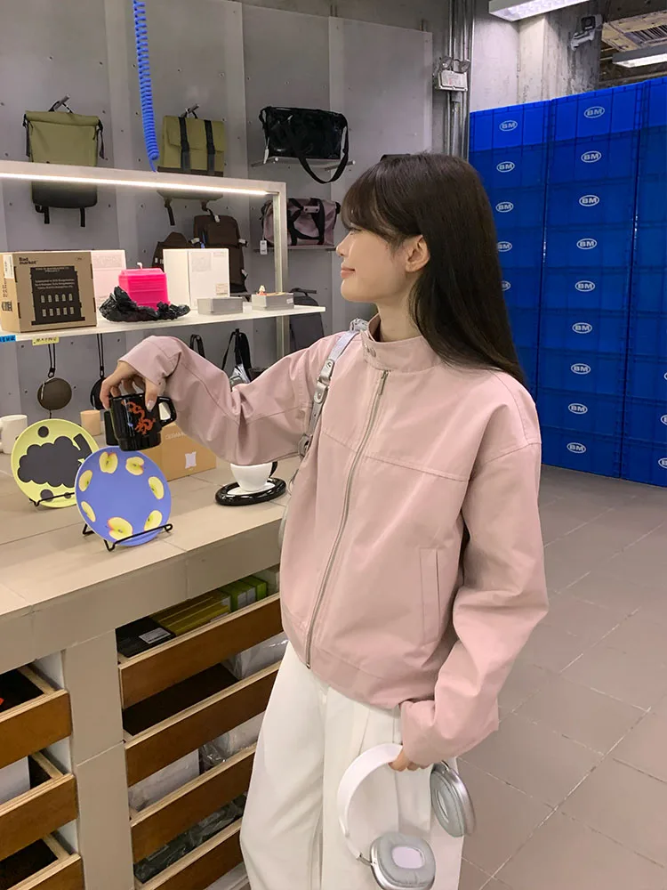 Song Zhengen розовая стираная хлопковая куртка женская на молнии дизайн осень новый