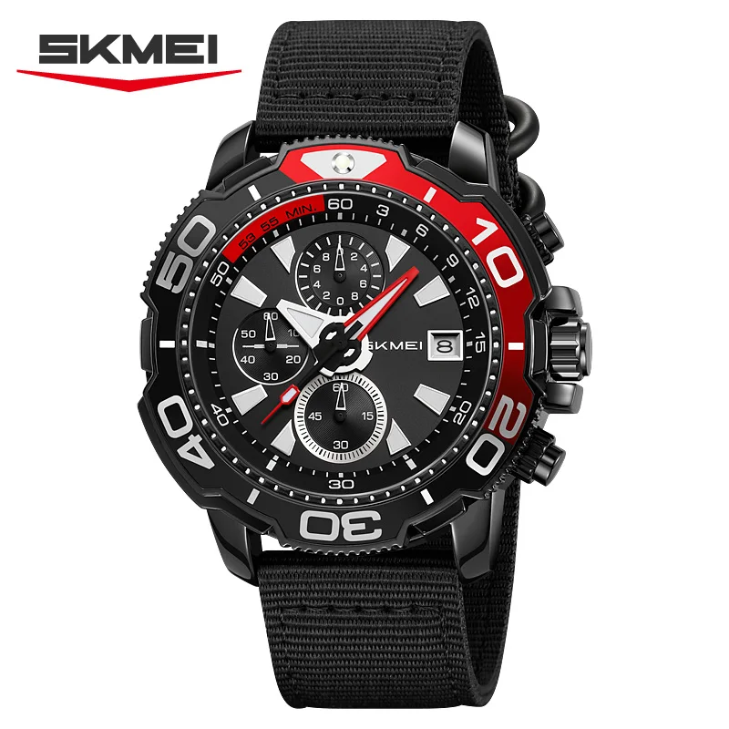 Фото SKMEI 9381 Новые мужские спортивные многофункциональные часы с датой и секундомером, мужские уличные кварцевые наручные часы с нейлоновым ремешком, секундомер с датой и временем №1