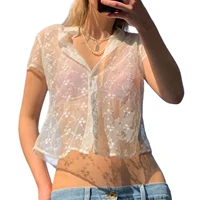 women summer sheer crop tops short sleeve lapel flower embroidered display navel button shirts