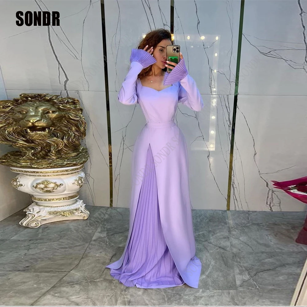 

SONDR Modest Lavender Satin Purple Tea-Length Evening Dresses A Line O-Neck Dubai Arabic Women Prom Gowns Formal Party Dress