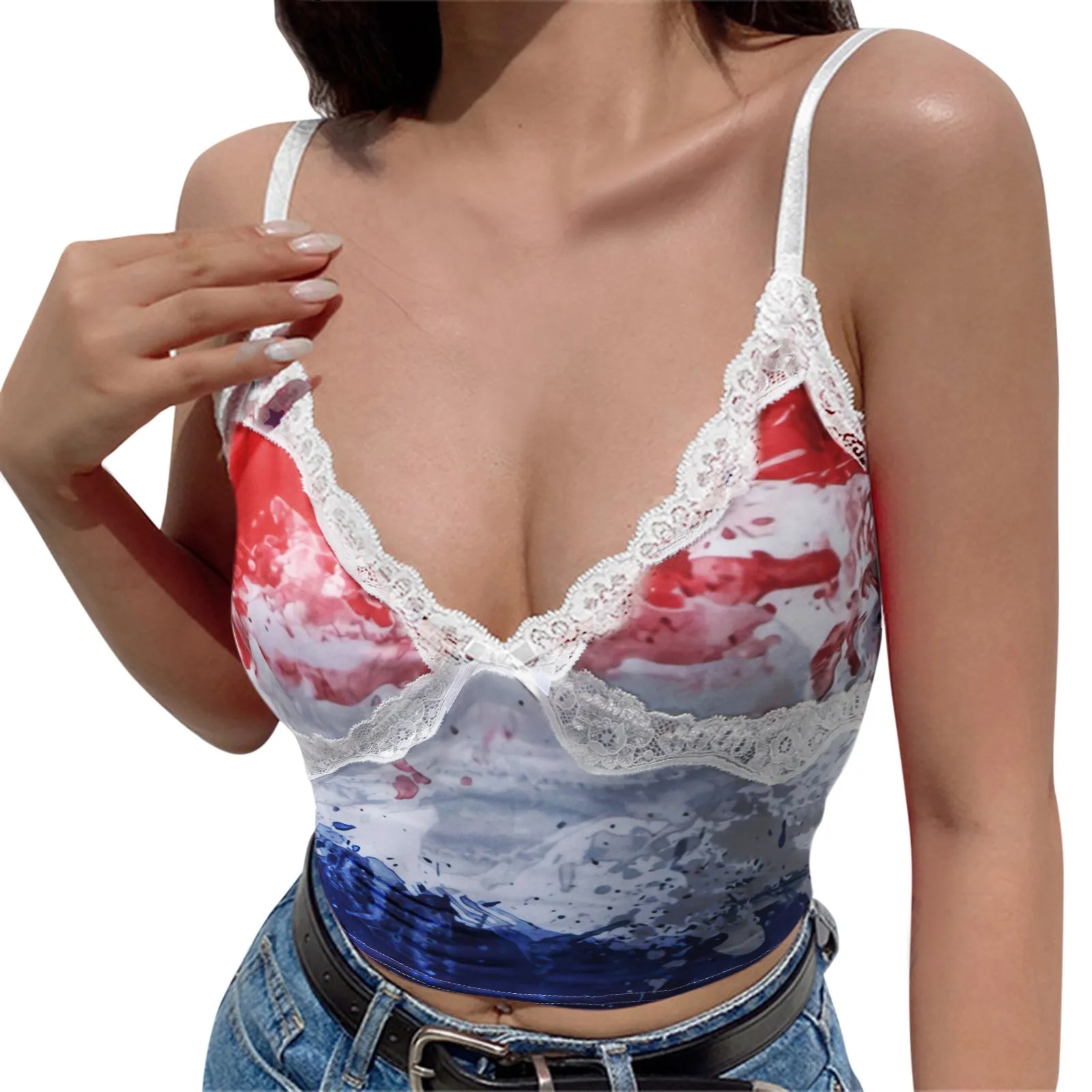 

Summer Sexy Crop Tops Womem Independence Day Print Vest Deep V Neck Lace Camisole Short Tank Top 2022 Debardeur Femmes
