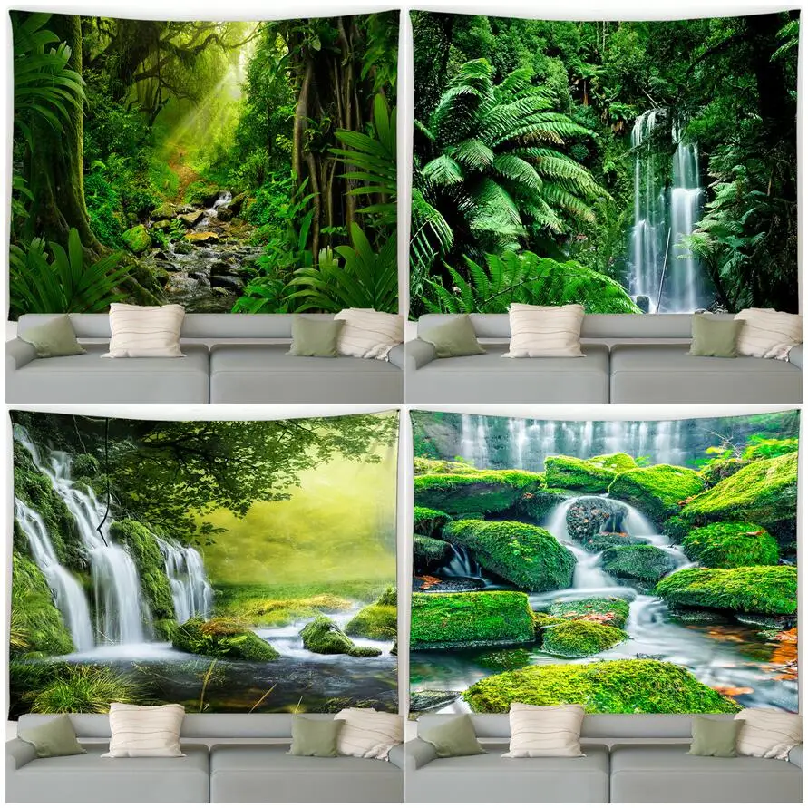 

Водопад, Лесной тропический лес, зеленые растения, весенний пейзаж, сад, настенный Декор для дома, гостиной