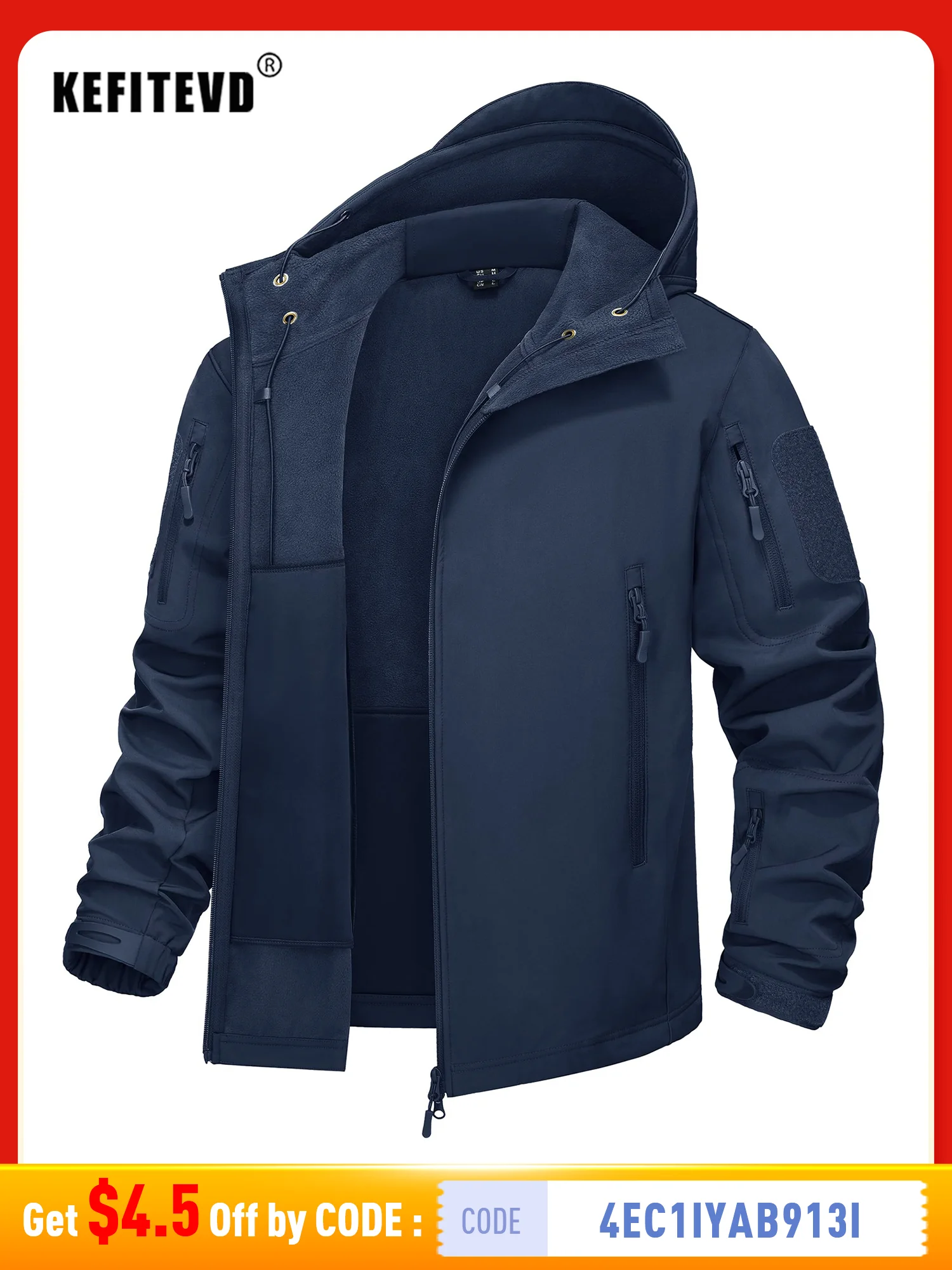 KEFITEVD Зимняя куртка Soft Shell для мужчин с флисовой подкладкой водонепроницаемая