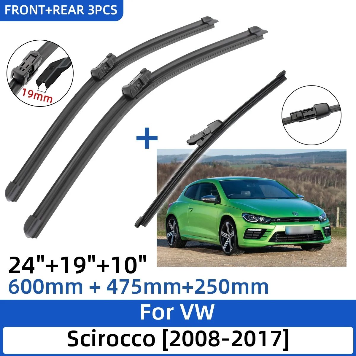 

3PCS For VW Scirocco 2008-2017 24"+19"+10" Front Rear Wiper Blades Windshield Windscreen Window Cutter Accessories 2016 2017