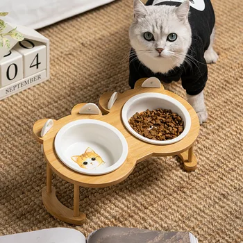 Cat Ceramic Bowls Bamboo Elevated Pet Bowls for Cats Dogs Protective Cervical Spine Food Feeding Dishes Pet bowls and drinkers