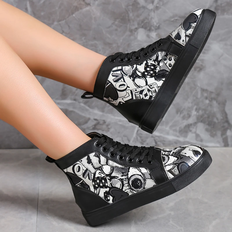 

Модные женские кроссовки 2022, повседневная женская обувь с высоким верхом и принтом, женская обувь на шнуровке, модная женская обувь с вулкан...