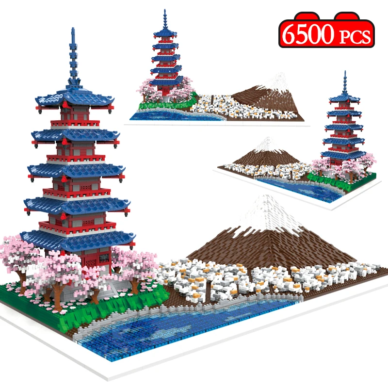 

6500pcs City Street View Japanese Style Mount Fuji Tower Building Blocks Friends Cherry Blossoms Pavilion Architecture Toys Kids