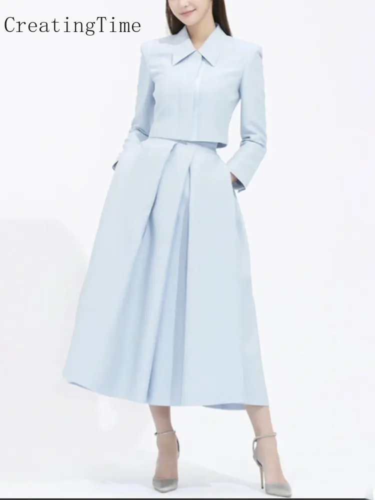 Solid Elegant Two Piece Set Womens Lapel Long Sleeve Tops High Waist A Line Midi Skirts Solid Sets Female Clothing Fashion 1A086