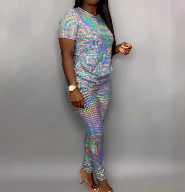 Элегантный летний модный комплект из топа и брюк с круглым вырезом коротким