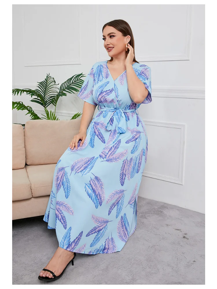 High-waisted exotic V-neck long skirt plus size temperament print black sexy exotic dress