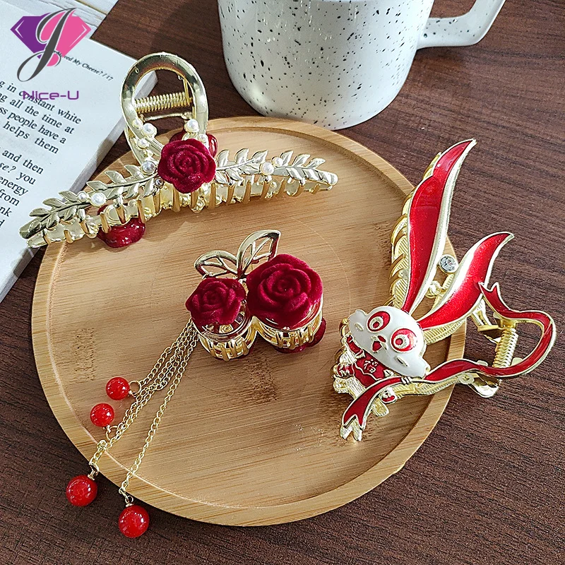 

New Red Rabbit Ribbon Hair Claws for Women Girls Metal Hairpins Fashion Barrette Shark Clips Hair Accessories Friend Gift