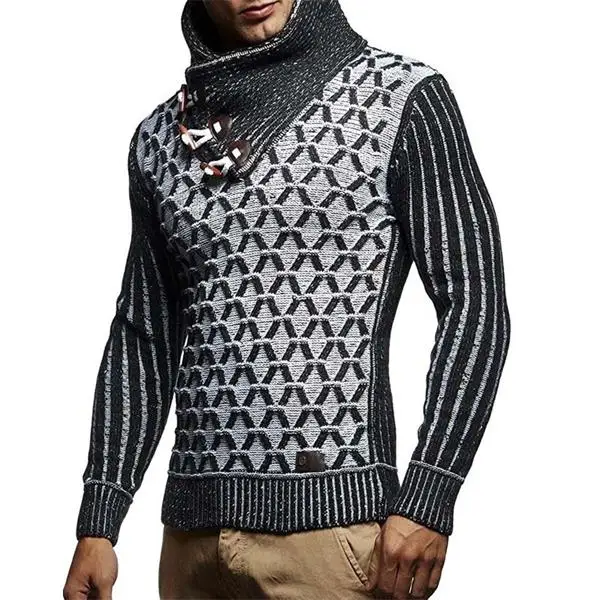 Men New Sweater Fashion Casual Winter Versatile Long Sleeve Knit Turtleneck Retro Leather Button Gentleman Pullover