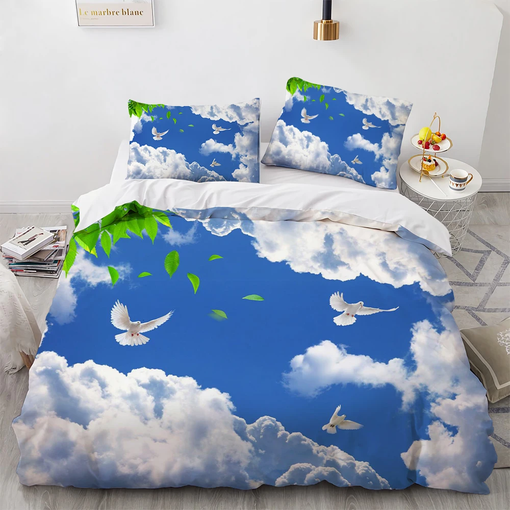 

Blue Sky King Queen Duvet Cover Pink Flowers White Flying Bird Bedding Set for Kids Teens Adults 3d Natural Scenery Quilt Cover