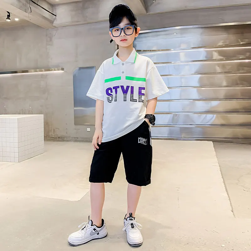 Teen Boy Summer Clothes Short Sleeve T-Shirt + Shorts 2 Pieces Set Letter Fashion Kids Cotton Boys Clothing Suit For 4 To 14Yrs