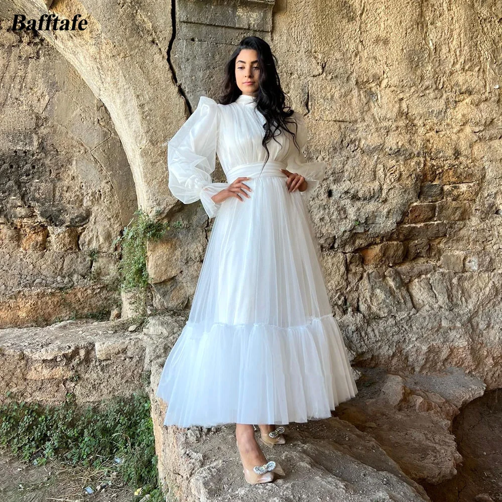 

Bafftafe Ivory Tulle High Neck Formal Prom Dresses Long Sleeves Women Evening Party Gowns Ankle Length Midi Wedding Dress 2023