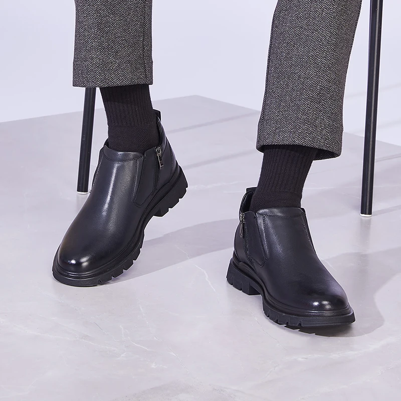 

Мужские ботинки Kangnai из натуральной кожи, короткие плюшевые ботильоны, уличная деловая офисная обувь без шнуровки, мужская обувь