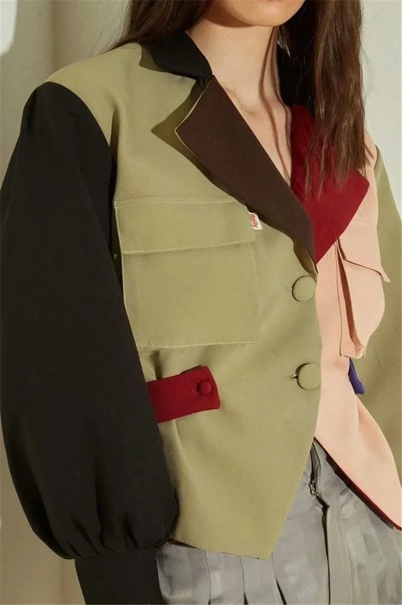 Ins Celebrity Blazer Suit Women Multicolor Slim Waist Simple Short Blazer Fashion Streetwear Contrast Color Single Breasted Suit