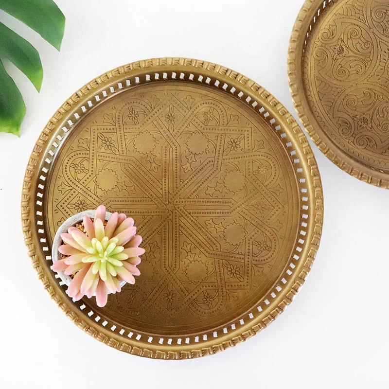

Круглый латунный поднос ручной работы в стиле ретро, изысканная резная тарелка для фруктов, Домашний Настольный декоративный органайзер дл...