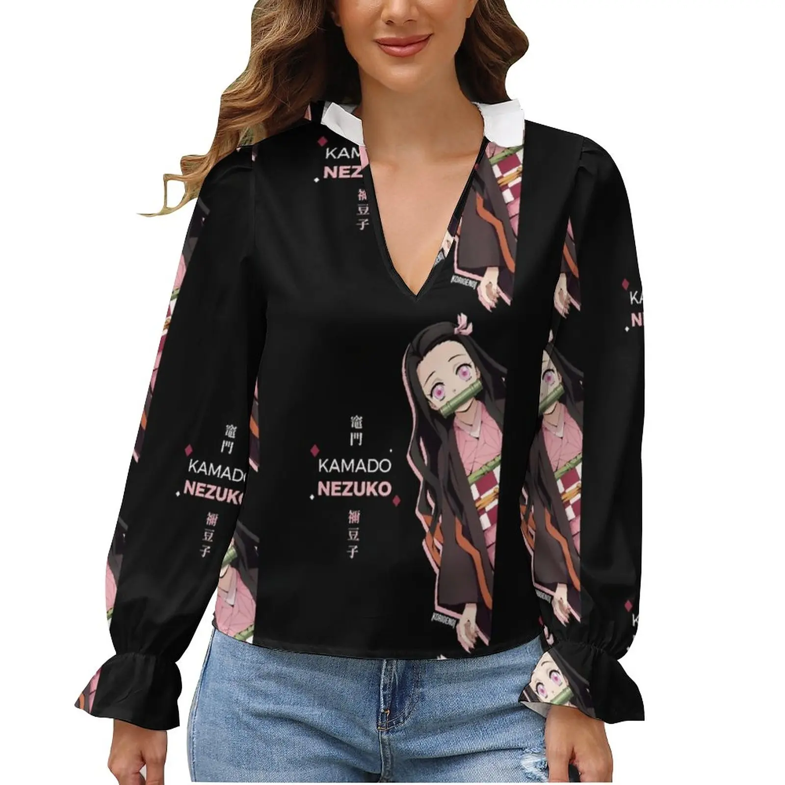 

Nezuko Blouse Japanese Ruffled Office Unique Collar Shirt Female Korean Style Shirts