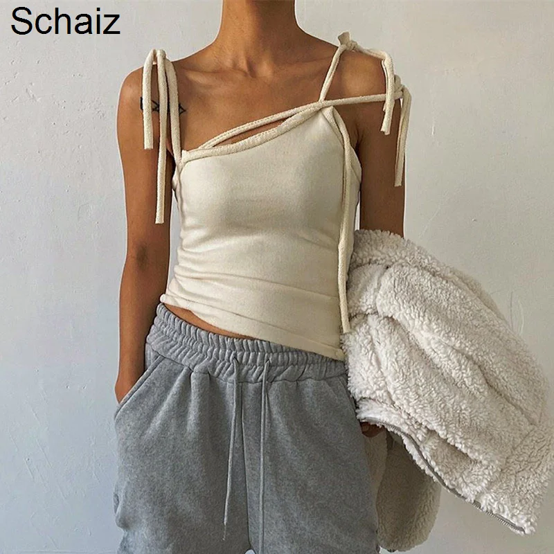 

Bottomed Top Irregular Shoulder Lace Up Beautiful Back Suspender Female Autumn Design Feeling Slim