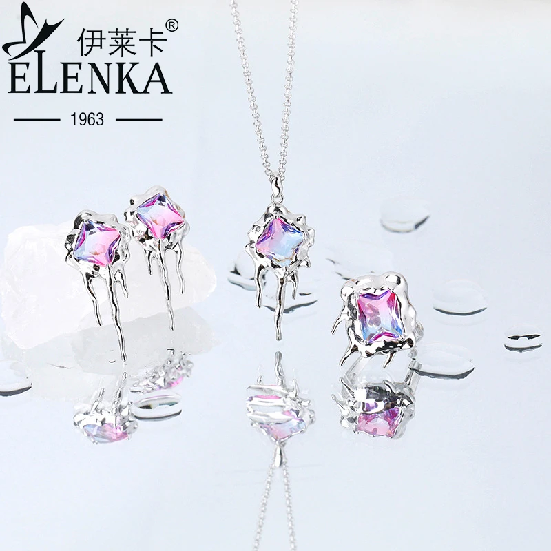 

Original Design S925 Sterling Silver Lava Tourmaline Necklace Ring Stud Earrings for Women Engagement Fine Jewelry Set Hip Hop