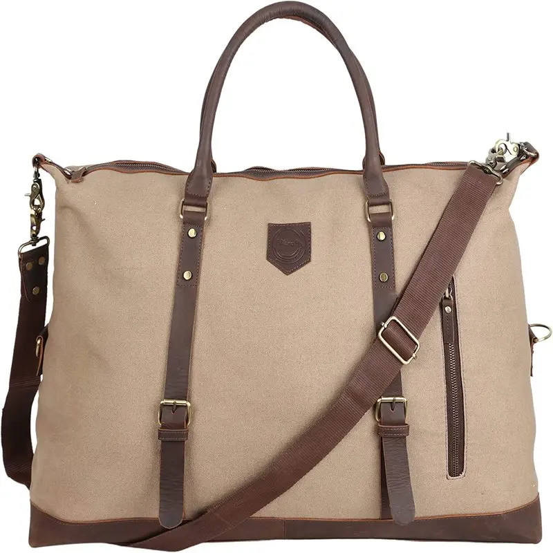 

Stylish Genuine Canvas Leather Travel Tote Bag Weekender Gym Shoulder Handbag Overnight Carry On Duffel Bag for Men and Women |