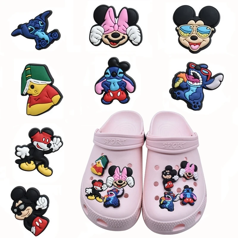 8PCS/lot Mickey Mouse Shoes Charms Croc Jeans Lilo & Stitch Shoes Decoration Buckle Hole Garden Sandals Accessories Kids Gifts