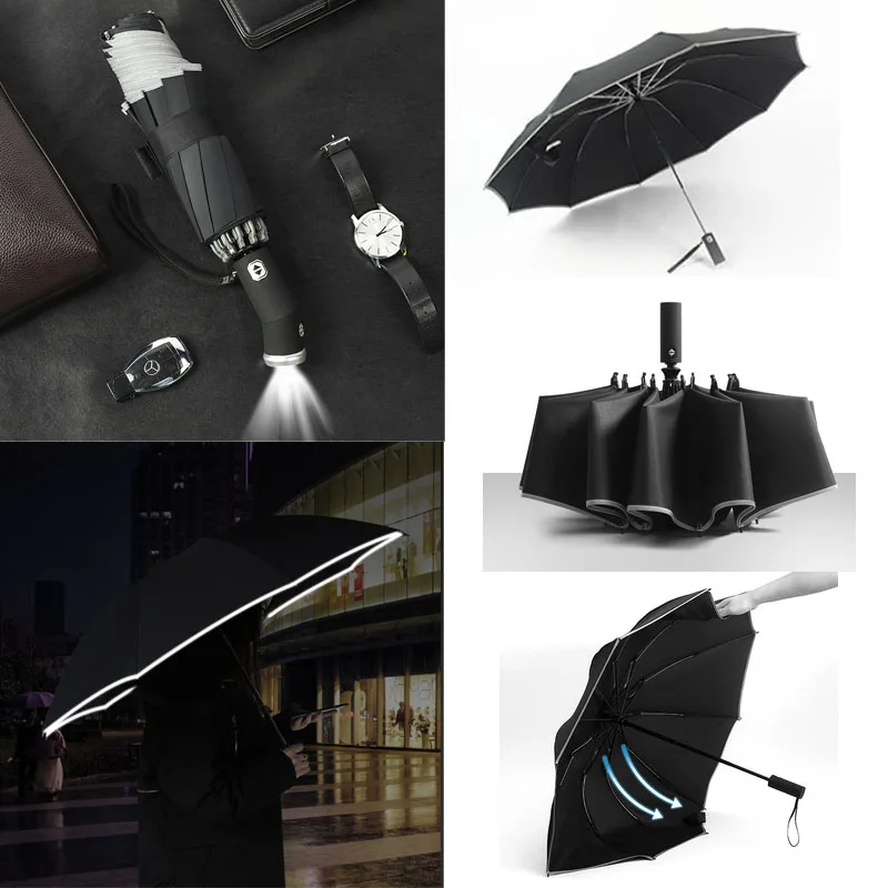 

Ветрозащитный Автоматический зонт со светодиодный Ной подсветкой, от дождя, для женщин и мужчин, с отражающей полосой, зонтик заднего хода, ...