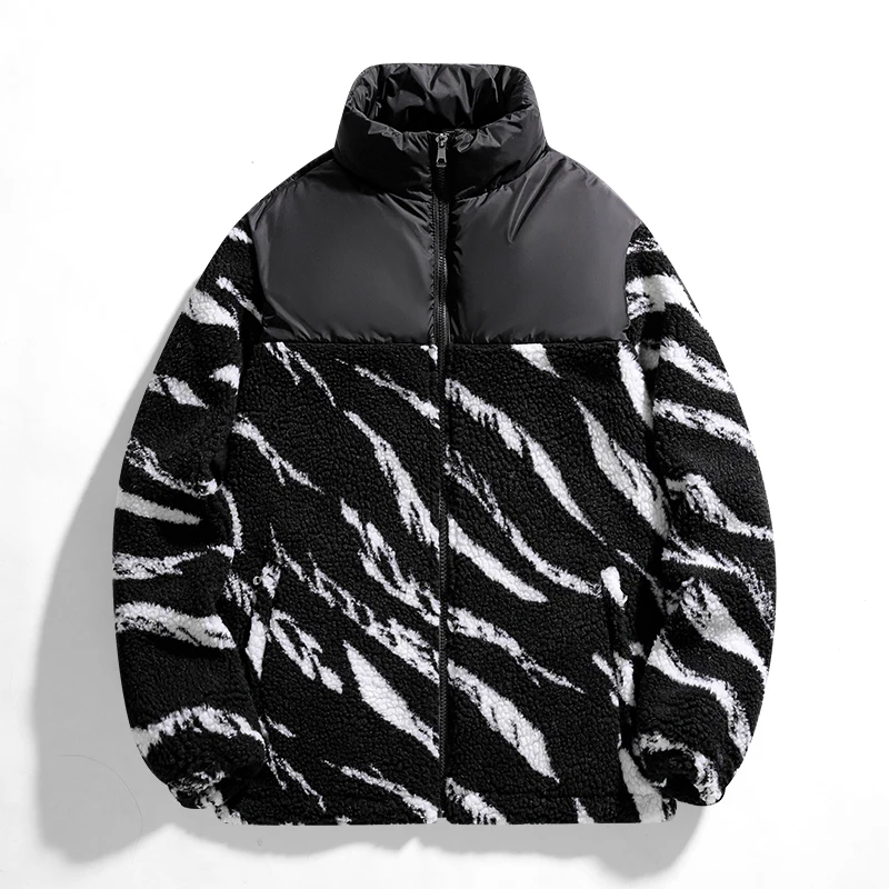 

Autumn Parka Mens Hip Hop Premium Track Jacket Zebra Print Faux Fur Coats Streetwear Fashion Lamb Wool Padded Coat Top Unisex