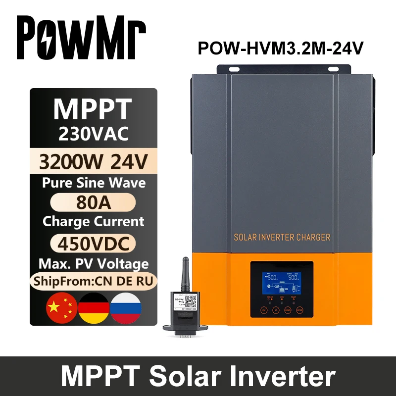 Гибридный солнечный инвертор PowMr 3200 Вт, 24 В, 220 В, чистая Синусоидальная волна 80 А, Контроллер Заряда MPPT для солнечной батареи с поддержкой литиевой батареи и модуля Wi-Fi