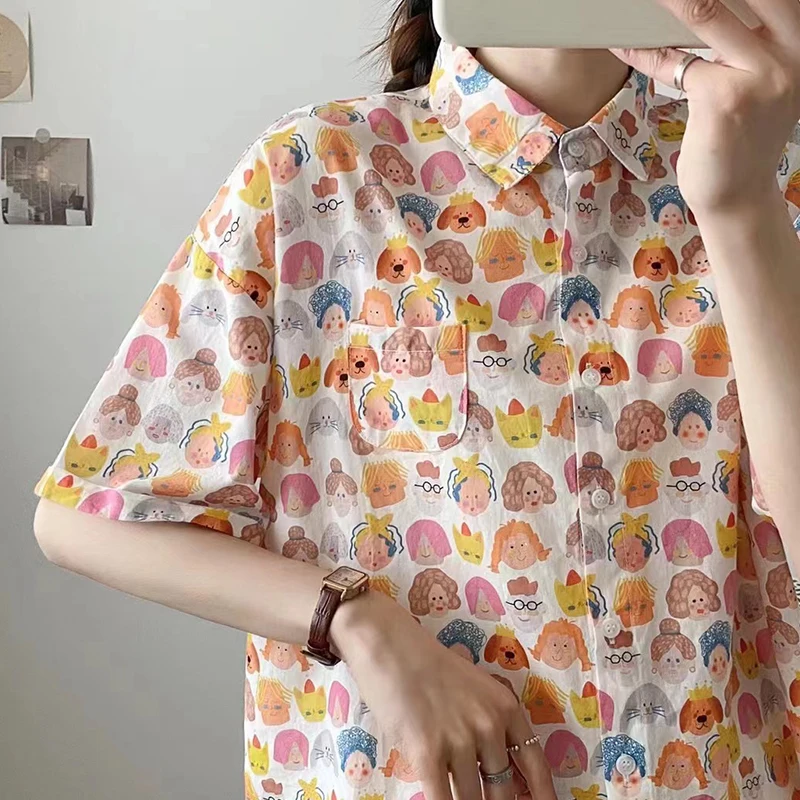 

Летняя Милая рубашка в стиле девушки Мори с мультяшным принтом женская одежда розовая однобортная блузка с коротким рукавом топы U189