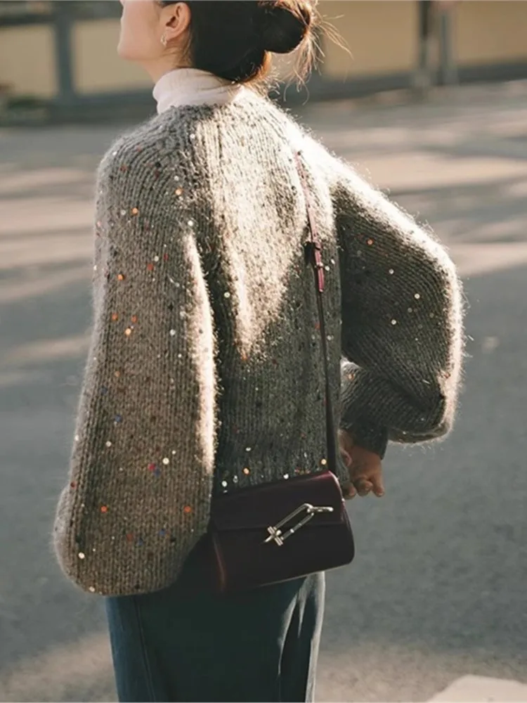 Вязаный кардиган с блестками в стиле ретро женский свитер на осень-зиму 2024 новый
