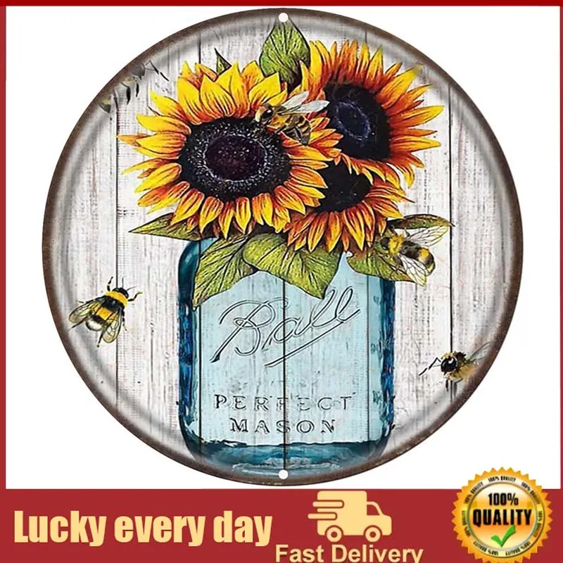 

Vintage Style Round Tin Sign Just Breath Sunflower Bee Poster Round Metal Sign Plaque for Home Garden Kitchen Bar Cafe