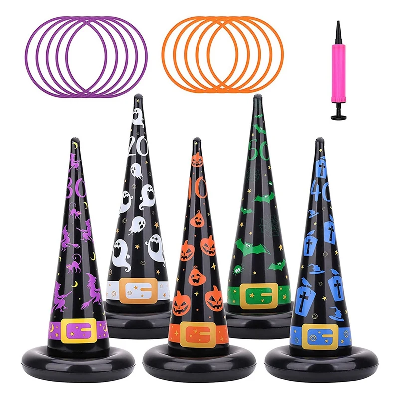 Halloween Party Toys Games Inflatable Witch Hat Ring Toss Game With Points Plastic Air Pump
