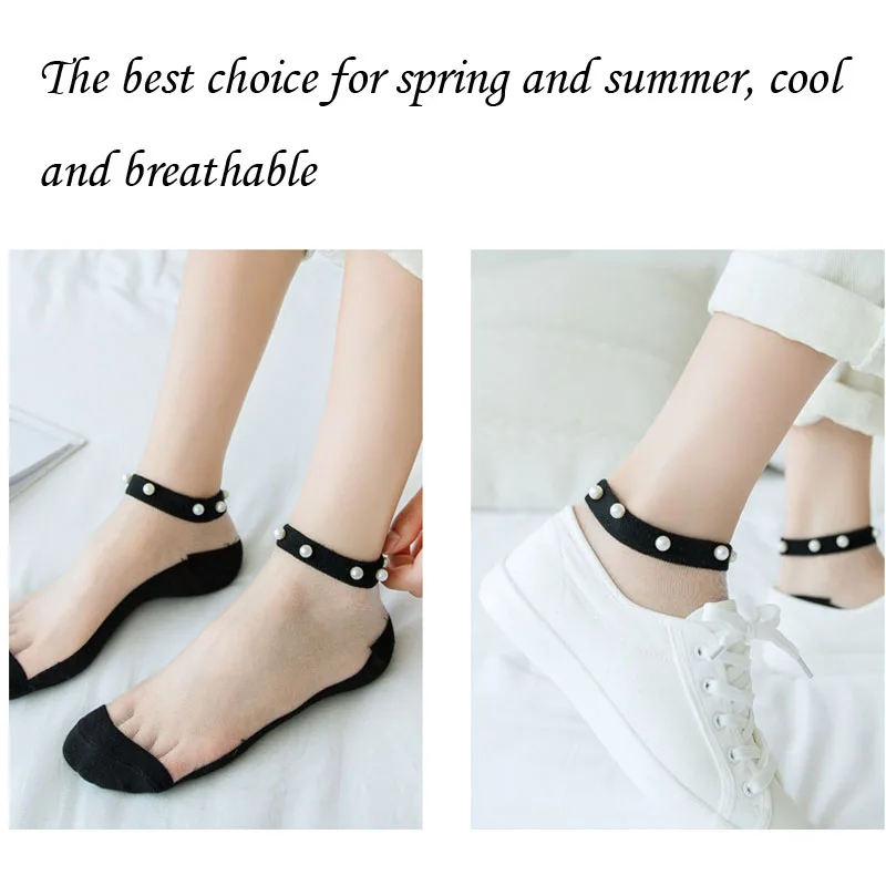 Fashion Pearl Crystal Silk Ankle Sock Female Breathable Thin Summer Korean Style Invisible Socks Casual Socks for Women Girls