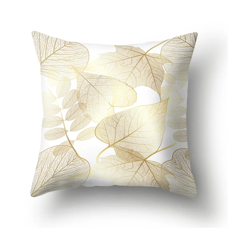 

Golden Tropical Plants Leaves Flower Pillow Case Feather Dandelion Cushion Cover Fresh Geometric Peachskin Pillowcase Home Decor