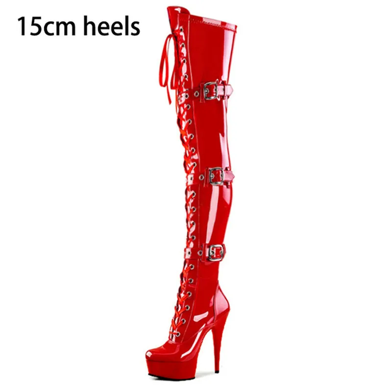 Женские высокие сапоги выше колена на платформе 15 см с ремешками - купить по